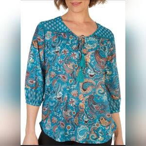 Farmer's Market 3/4 Sleeve Paisley Teal Boho Hippie Tassel Blouse size 2x